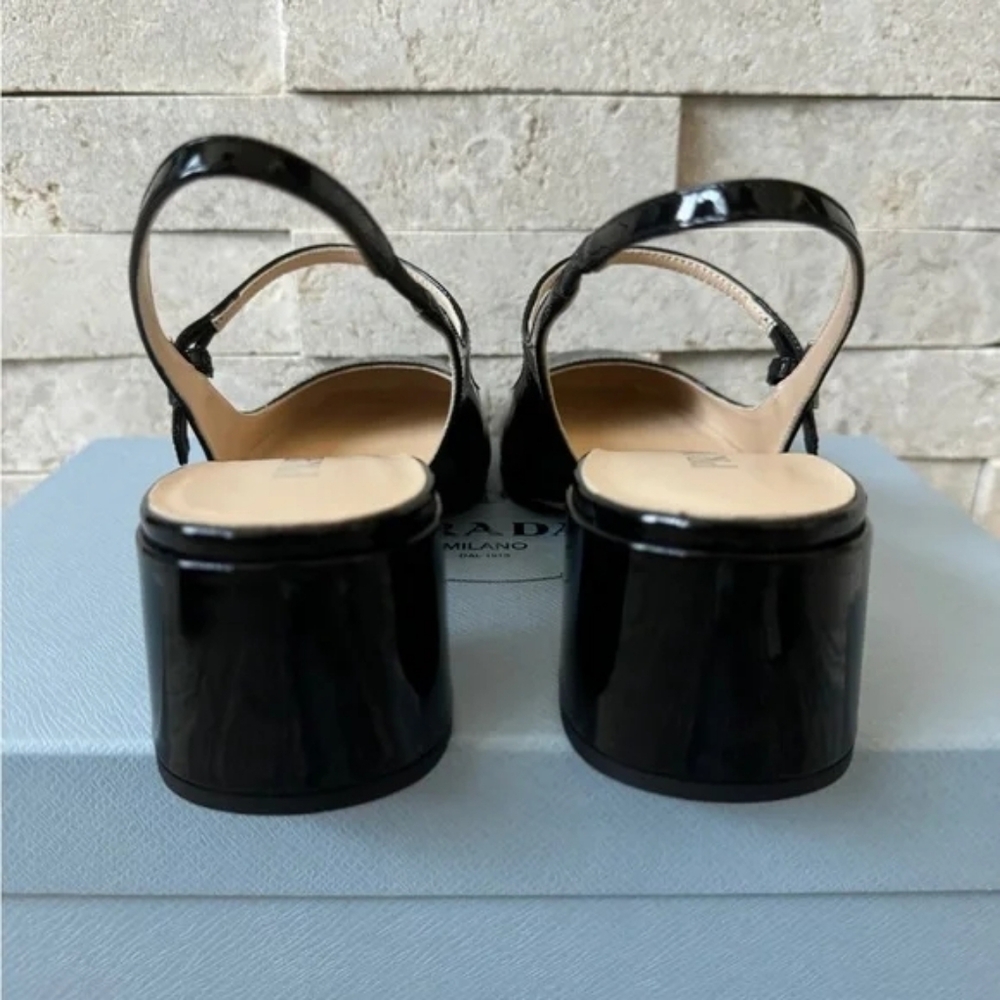 Prada Décoletté Logo Slingback Mary Jane Black Patent Leather Block Heel Pump - Picture 6 of 8